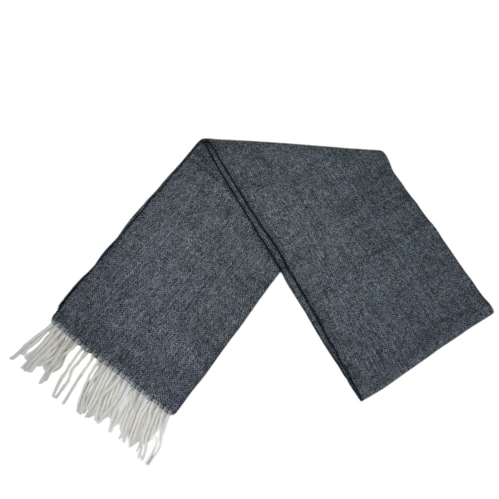CHRISTINA CHITI Grey & Tan Herringbone Fringed Wool Cashmere Scarf Italy NWT